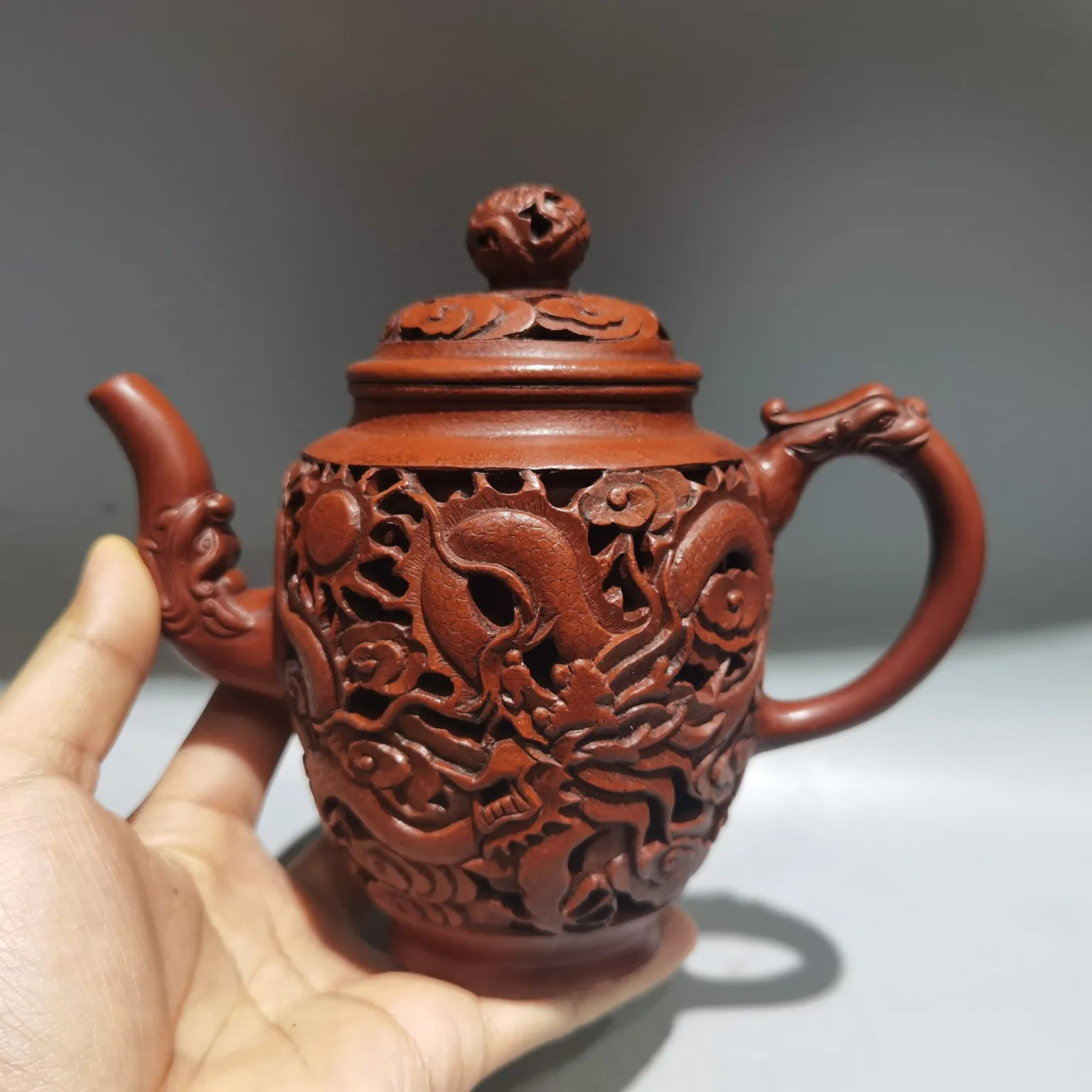 

7"Chinese Yixing Purple Clay Pot Hollow Dragon Phoenix Texture Pot Kettle Flagon Teapot Pot Tea Maker Office Ornamen