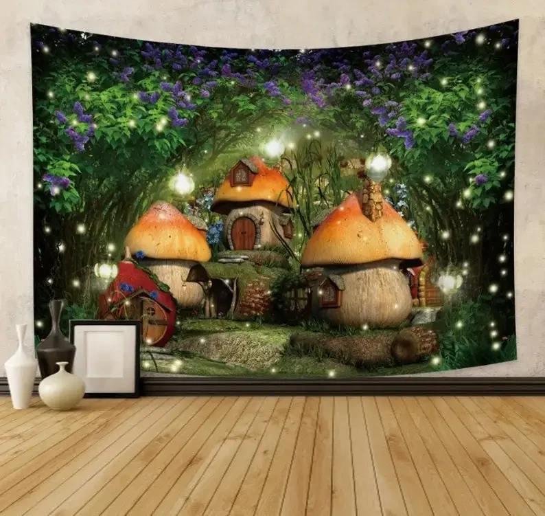 

Magical Mushroom Village Tapestry - Whimsical Fantasy Wall Art, Large Enchanting Home Decor Tapestry