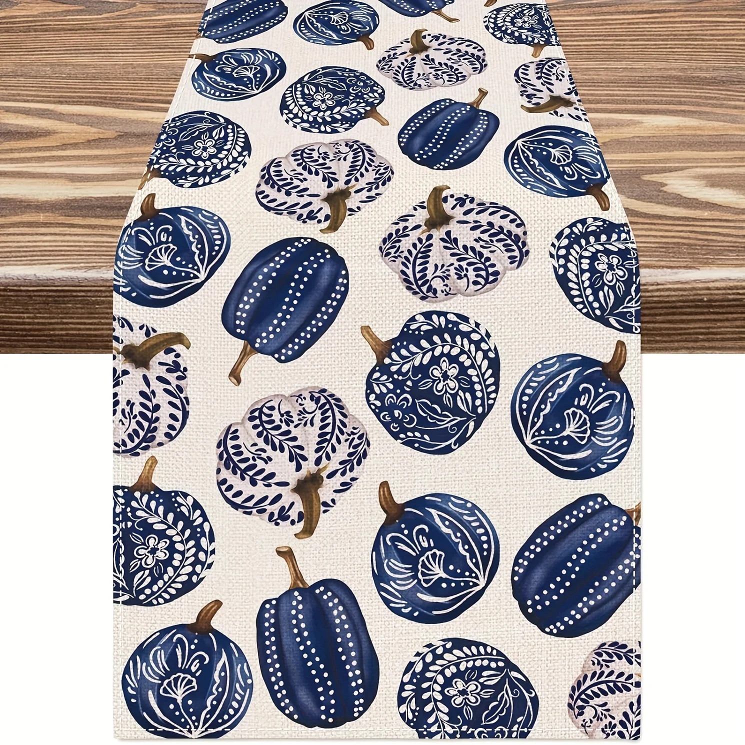 Autumn Pumpkin Porcelain Print Table Runner 100% Polyester Woven Rectangular Tabletop Decor For Indoor And Outdoor Parties, Harv
