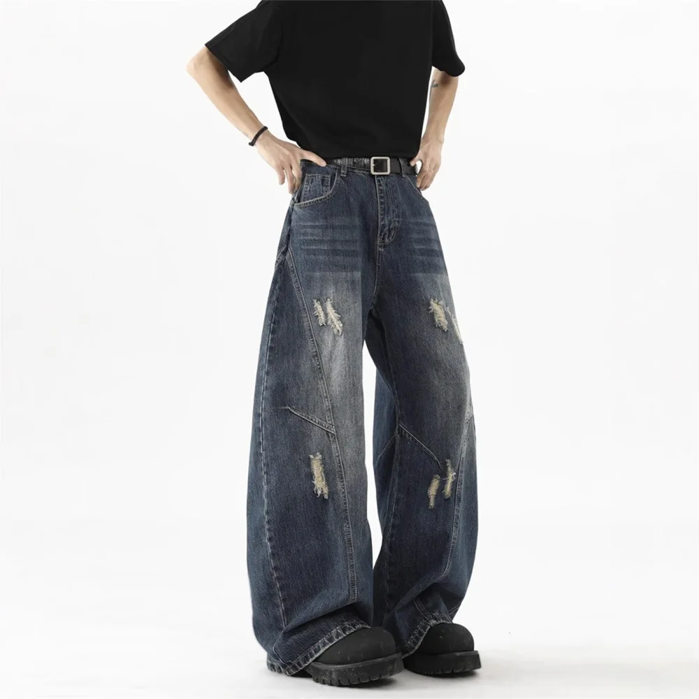 Vintage Washed Baggy Jeans For Men High Street Floor Length Denim Ripped Pants Streetwear Cowboy Straight Trousers