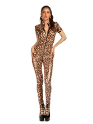 Sexy Women Leopard Full Body Jumpsuits Open Crotch Wet Look Faux Leather Bodysuits PU Latex Shiny Sexy Tight Leotard Rompers