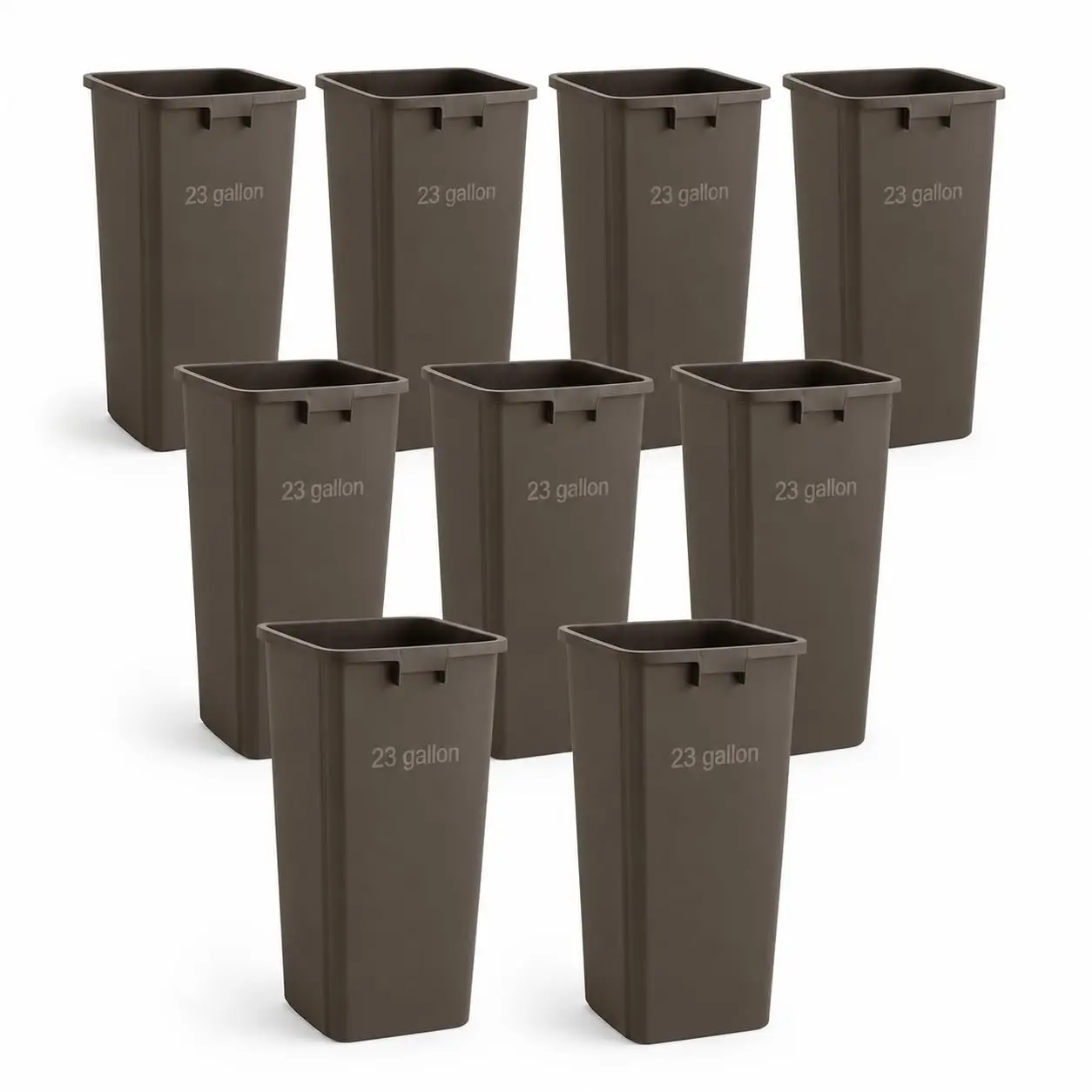 9 Pack Brown 23 Gallon Square Commercial Trash Can, Heavy Duty Plastic Slim Waste Bin with Venting Channels and Built-in Handles