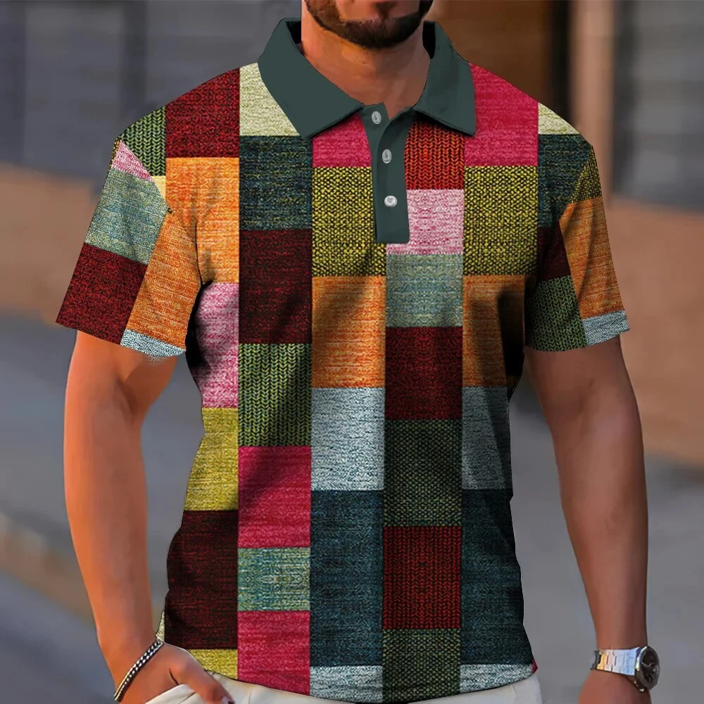 Patchwork Color Block 3D Print Polo Shirts Men\'s Fashion Vintage Streetwear Oversized Short Sleeve Shirt Tees Tops Man Clothing