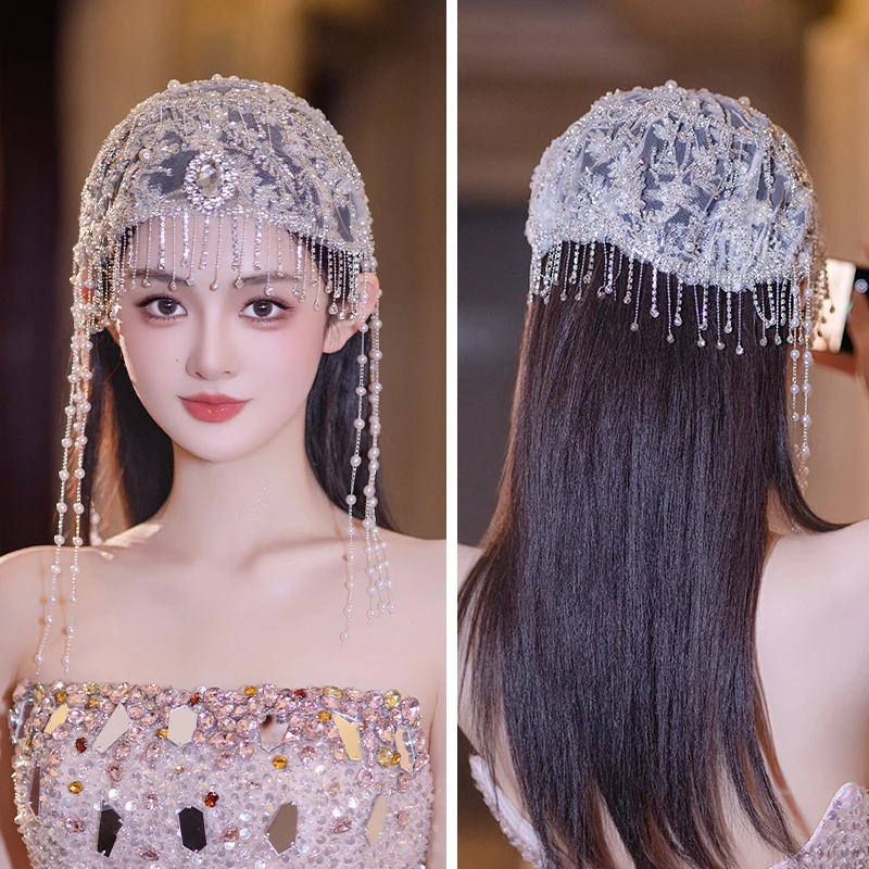 

Bridal Hair Accessories 2025 New Handmade Beaded Rhinestone Silk Yarn Fashion Hat Hair Accessories Jellyfish Fringed Hat Jewelry