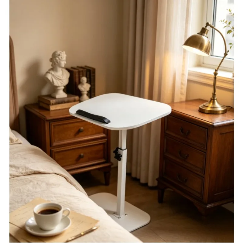 Height-Adjustable Mobile Tilting Desk, Space-Saving Versatile Side Table with Casters for Bedroom, Living Room, Couch, White