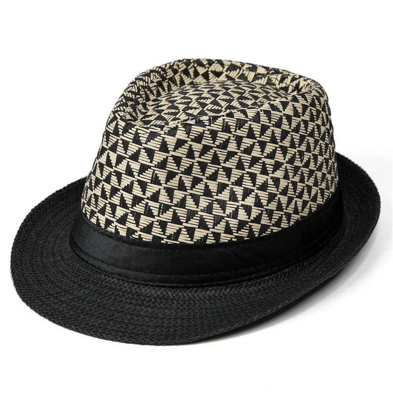 Men's Woven Paper Straw Fedora Two Color Triangle Check Panama Hat Rolled Brim Summer Sun Cap for Beach