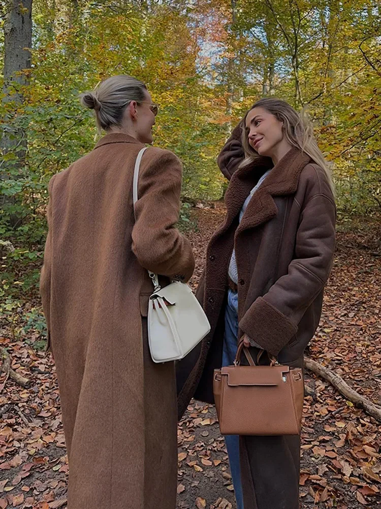 Chaqueta larga de cuero marrón elegante para mujer, abrigo con forro de Sherpa y bolsillo de Laple a la moda, prendas de vestir elegantes para