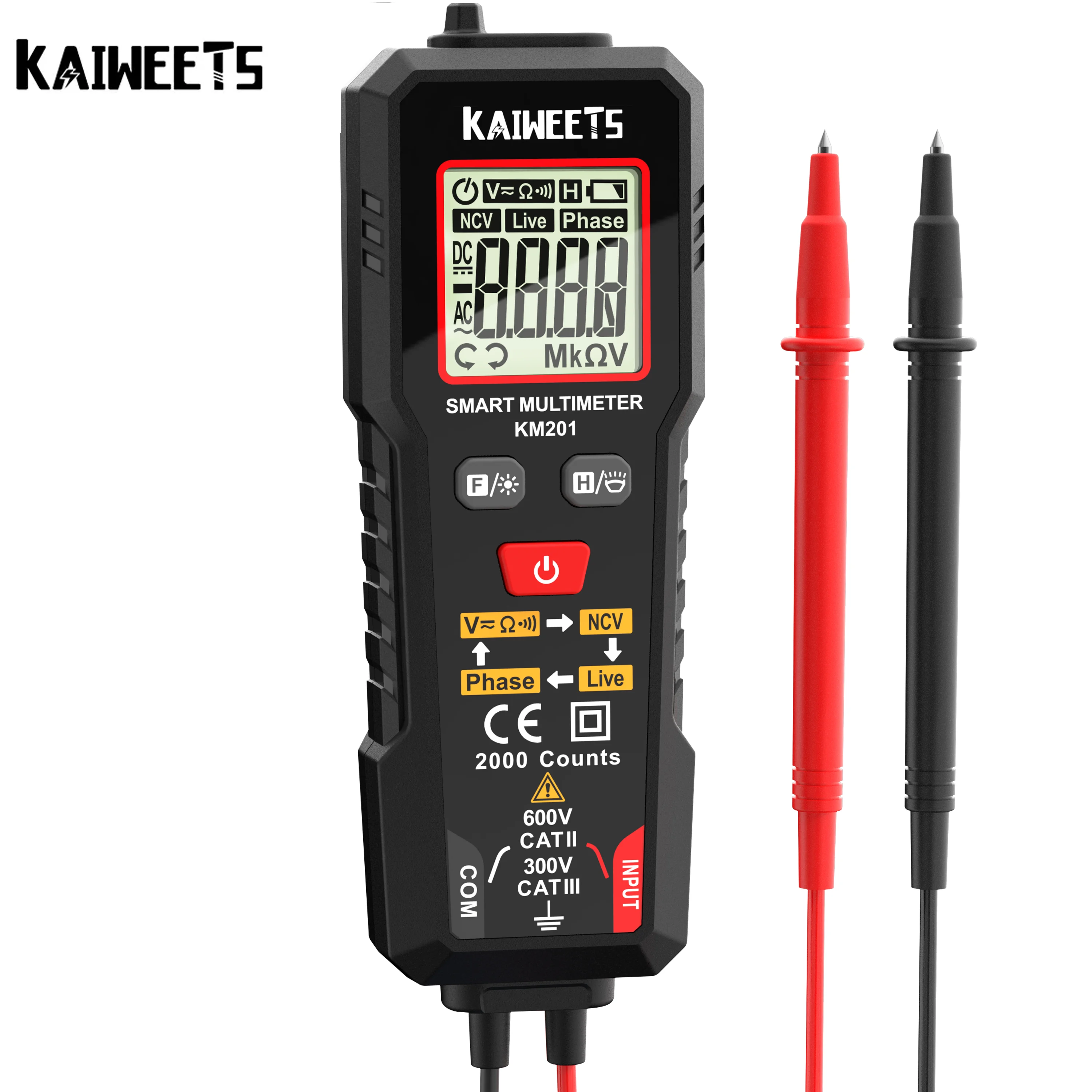 

KAIWEETS Digital Multimeter Voltmeter Resistance Automatic 2000 Counts AC/DC Votage Tester Backlight Detector Tools