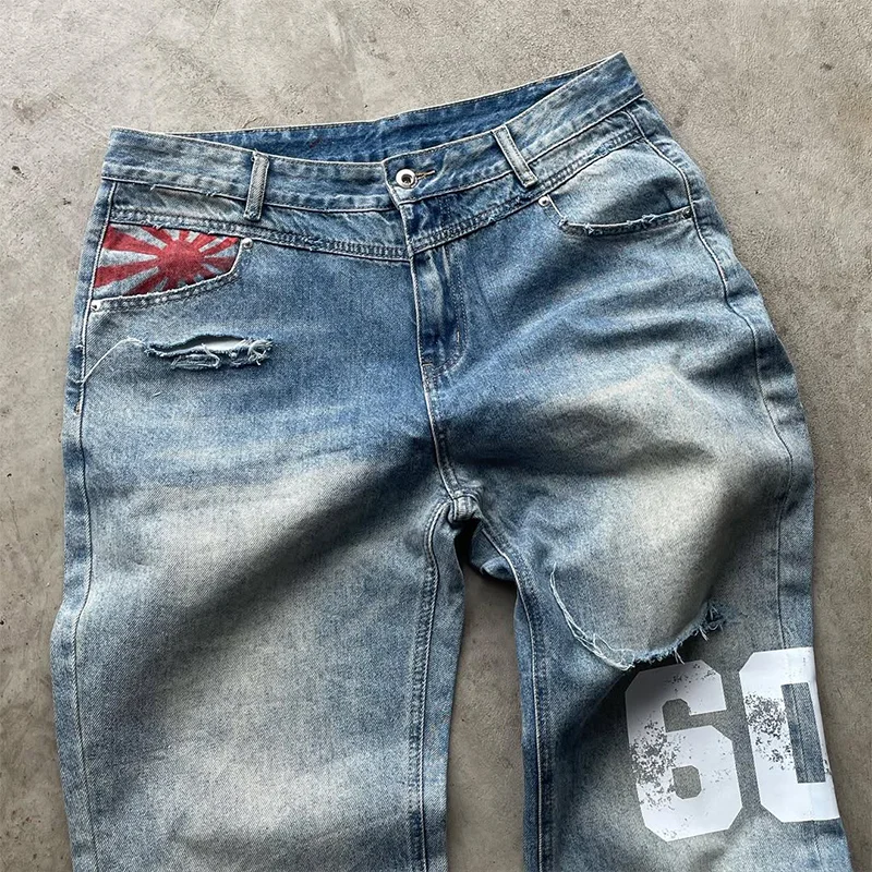 아메리칸 패션 트렌드 브랜드 게으른 바람 편지 인쇄 세련된 지퍼 청바지 Y2K 고딕 남성 여성 힙합 펑크 빈티지 streetwear