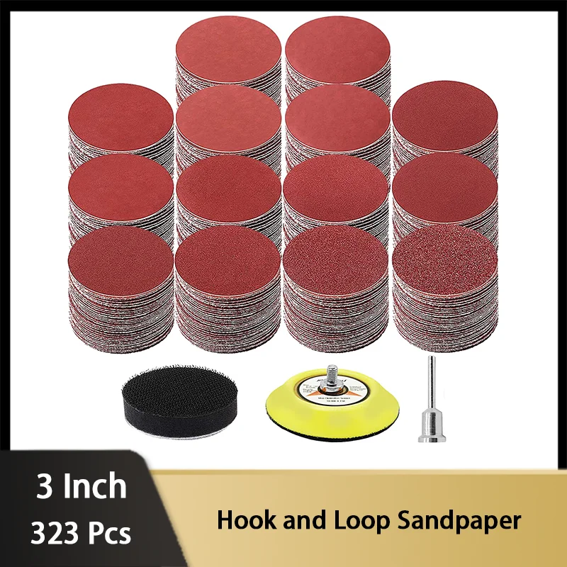 

3 Inch Hook and Loop Sandpaper Kit 40-2000 Grit Assortment 323 Pcs with 1/8” Shank and Foam Buffing Pad for Drill Grinder Rotary