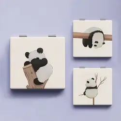 Cute Panda Pattern Makeup Mirror Double-Sided Mini Folding PU Mirror Cosmetic Tool Portable Square High-definition Mirror