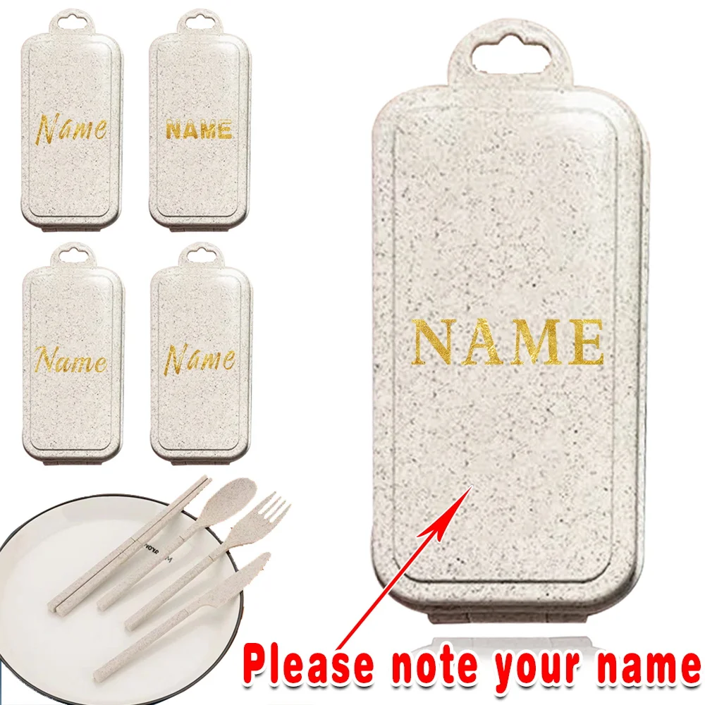 

4 Pcs Customized Name Wheat Straw Utensils Set With Case Detachable Cutlery Kit Dinnerware Box Organizer Reusable Personalized