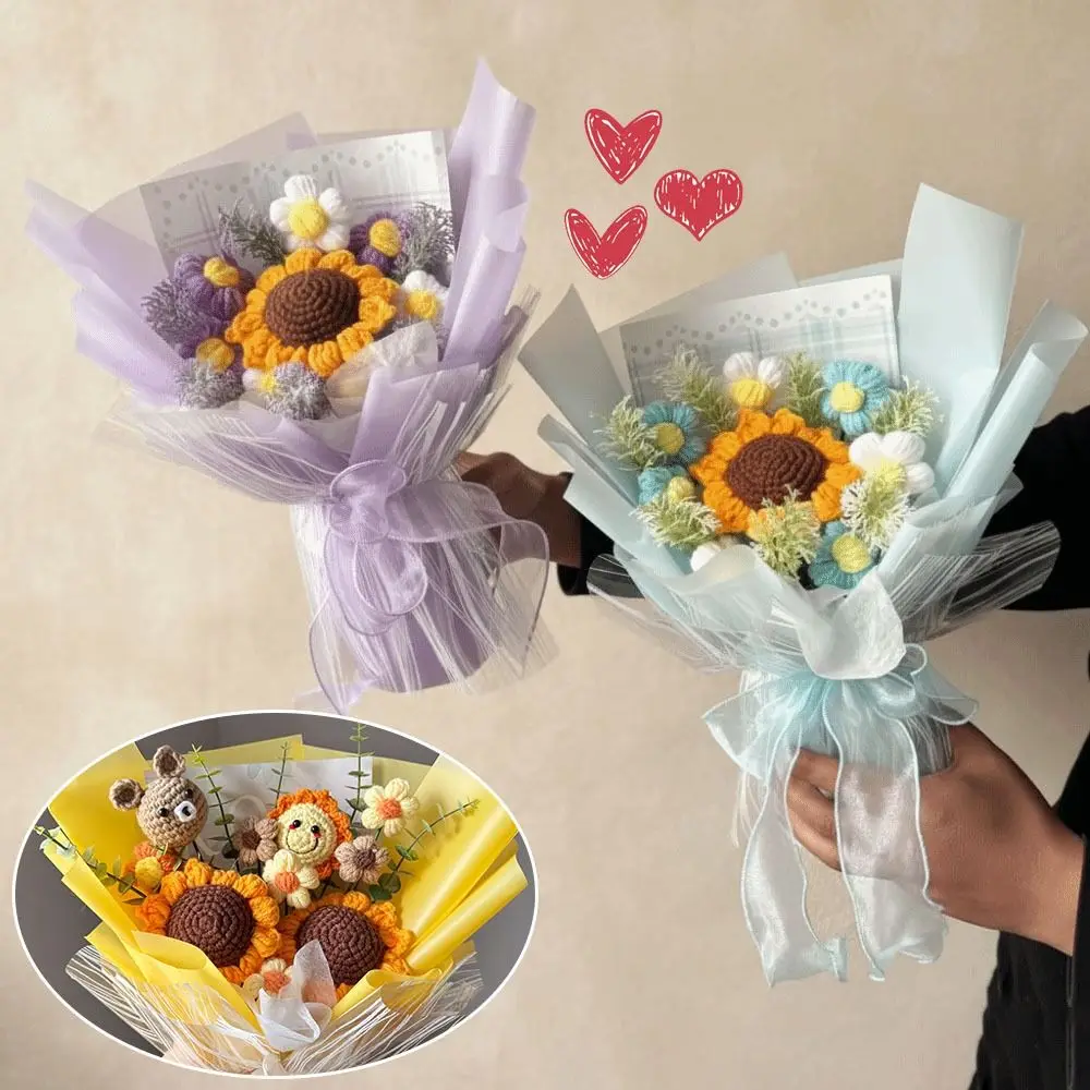 

Finished Cute Bear Flower Bouquet Woven Simulation Sunflower Yarn Bouquet Knitted Flower