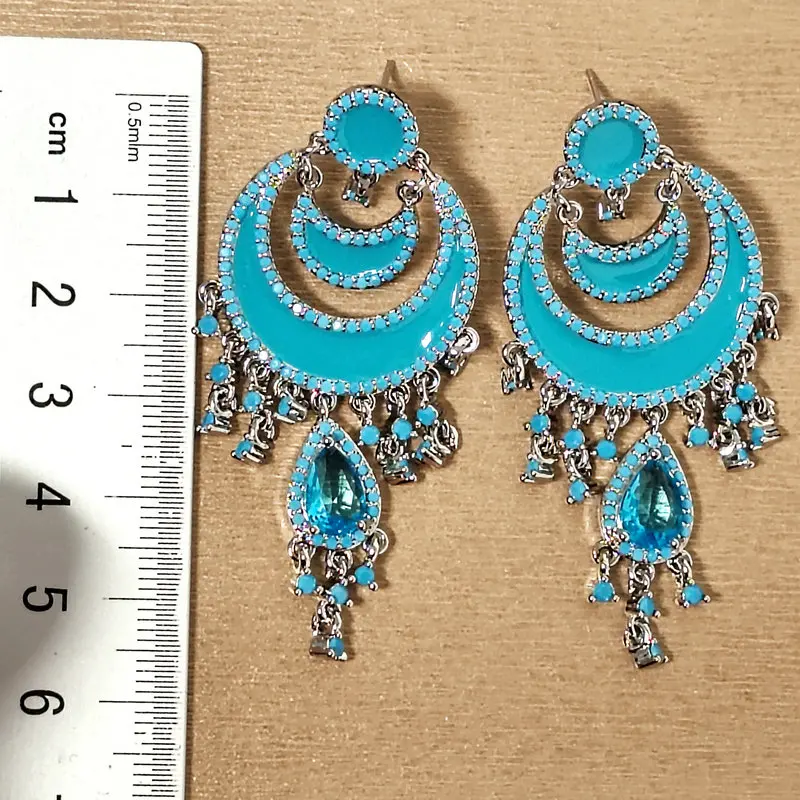 Bilincolor Sea Blue Moon Tassel Earrings For Women