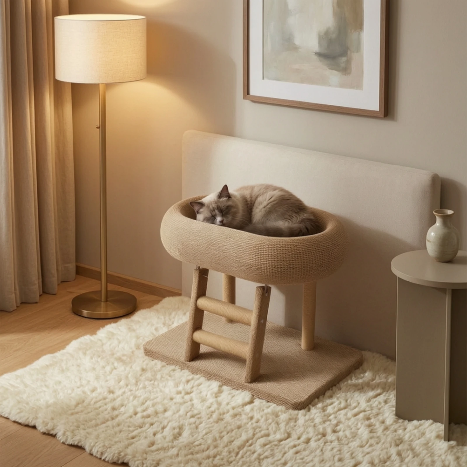 Oval Cat Scratcher Bed Elevated Cat Bed with Scratcher Pet Furniture Floor-Standing Compact for Cats, Indoor, Living Rooms