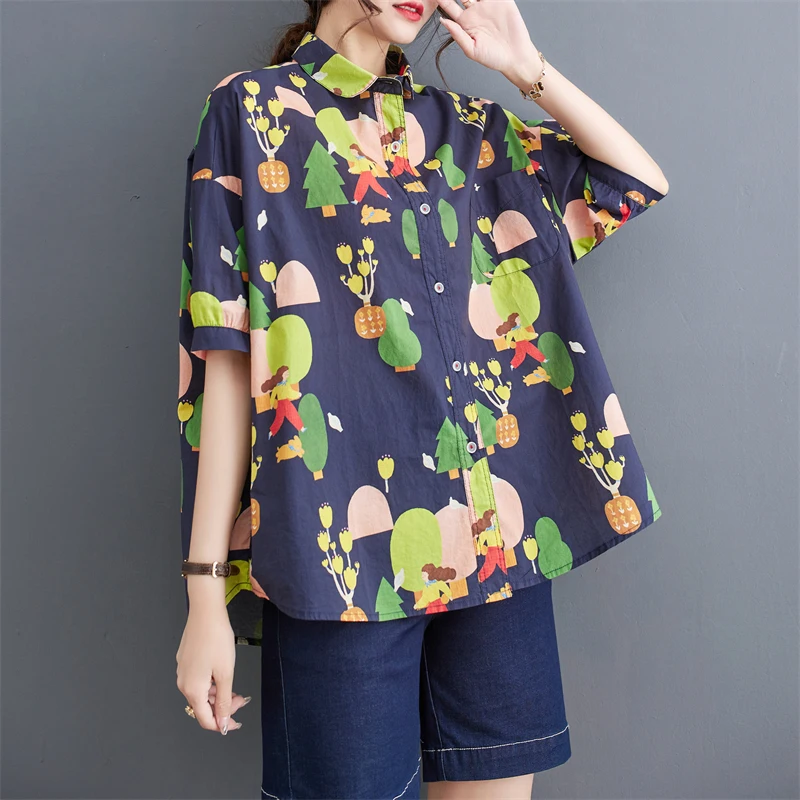 2023 Summer New Design Cartoon Printed Shirts For Women Clothes Loose Fashion All-Match Lapel Casual Short Sleeve Female Boluse