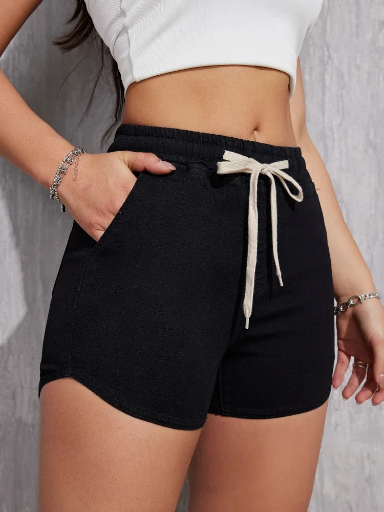 

New Women Mid Waist Lace Up Short Jeans Summer Fashion Sexy Skinny Denim Shorts Casual Elastic Waist Vintage Shorts Streetwear