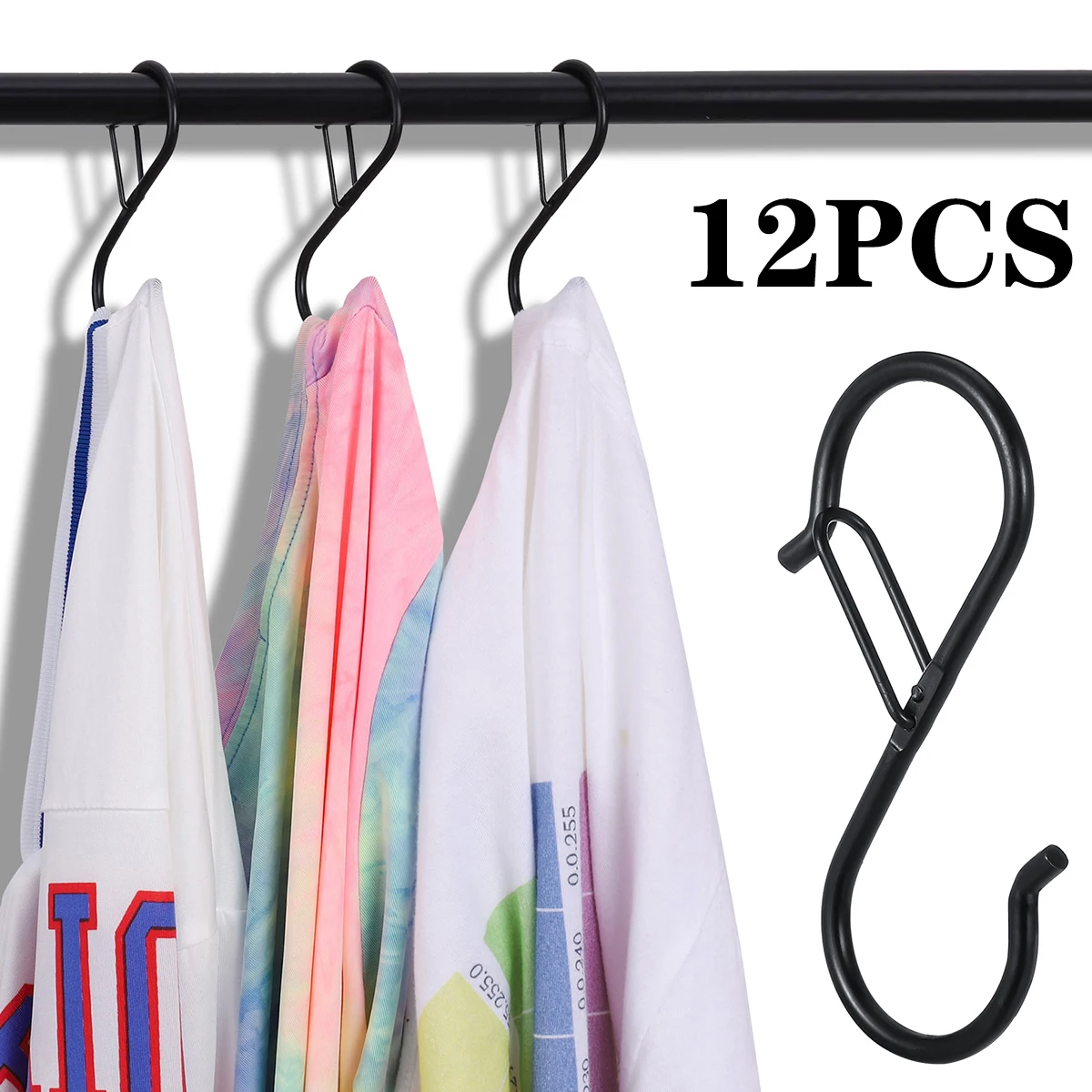 12Pcs S Shape Hooks with Safety Buckle Black Iron Closet Hook Kitchen Pot Rack Hooks for Hanging Towel Clothes Plants Bathroom