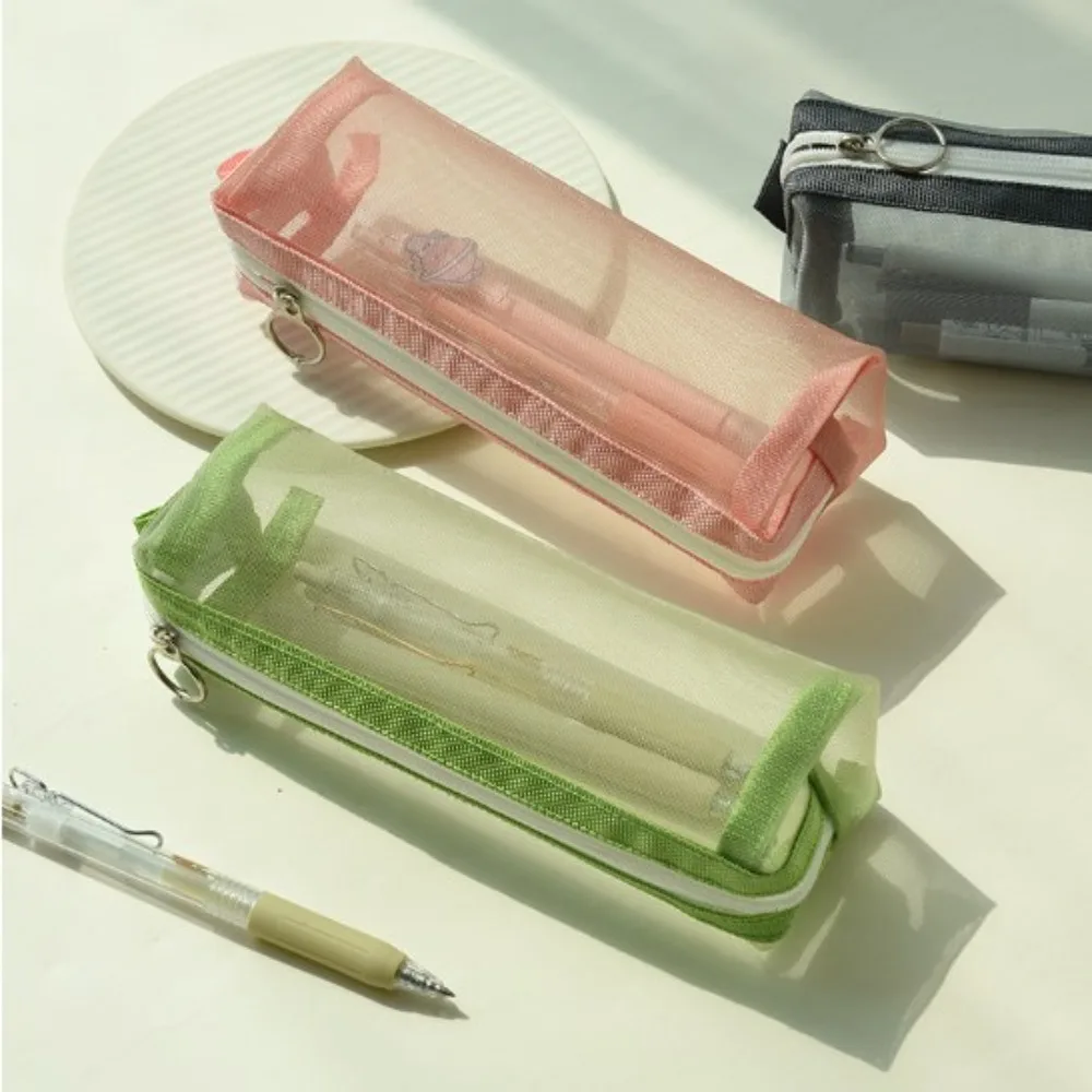 Practical Dacron Transparent Stationery Pencil Bag Korean Version Large Capacity Unisex Pouch Nylon Mesh Pen Case Student