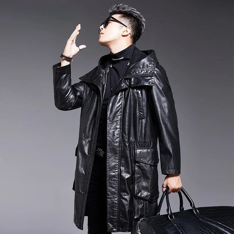 Spring Autumn New First Layer Cowhide Jacket Genuine Leather Mens Long Trendy Fashionable Coat Real Leather Windbreaker Overcoat