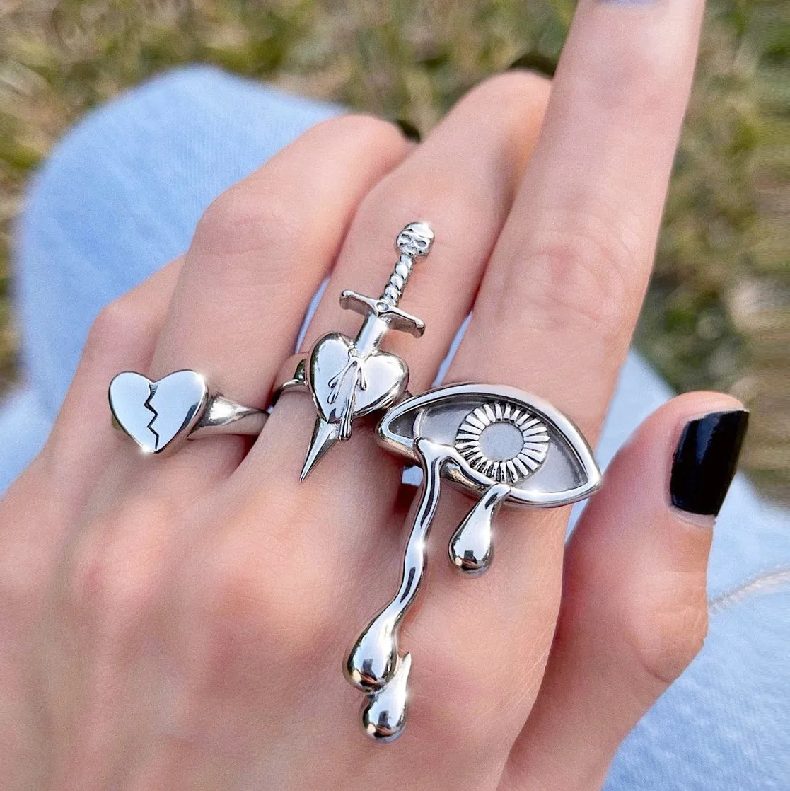 Vintage Gothic Eyes Tears Heart-Broken Rings Sets for Women Hip Hop Butterfly Snake Finger Ring Fashion  Jewelry