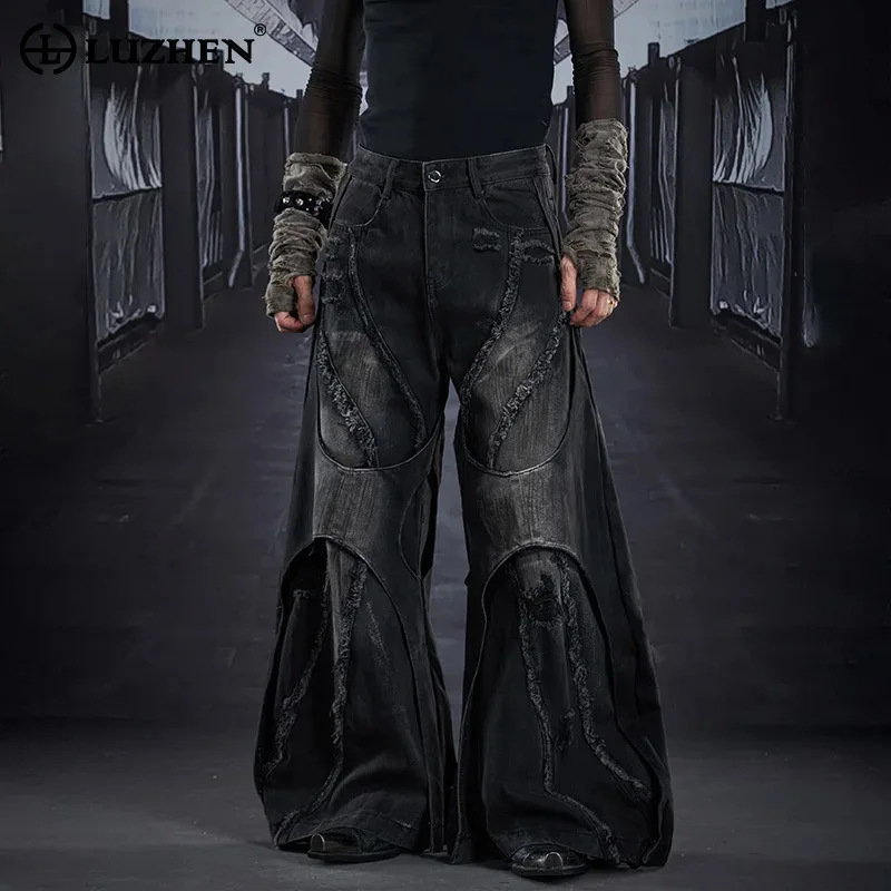 

LUZHEN 2025 Fashion Vintage Wornout Washed Wide Leg Street Jeans Men's Original Personalized Patchwork Design Denim Pants JY5273