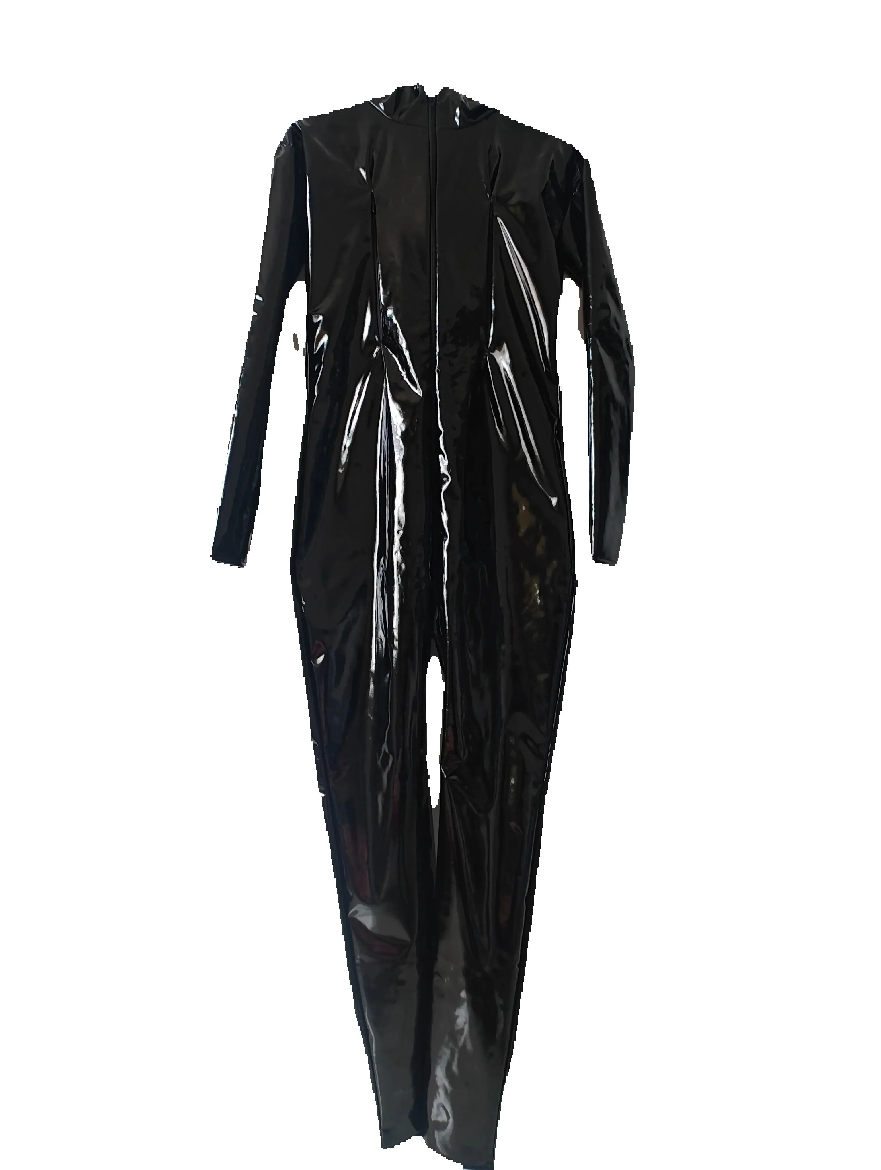Sexy preto brilhante pvc falso couro bodysuit com zíper no peito fantasia vestido macacão frontal 4 maneiras zíper para quadril clube traje de palco