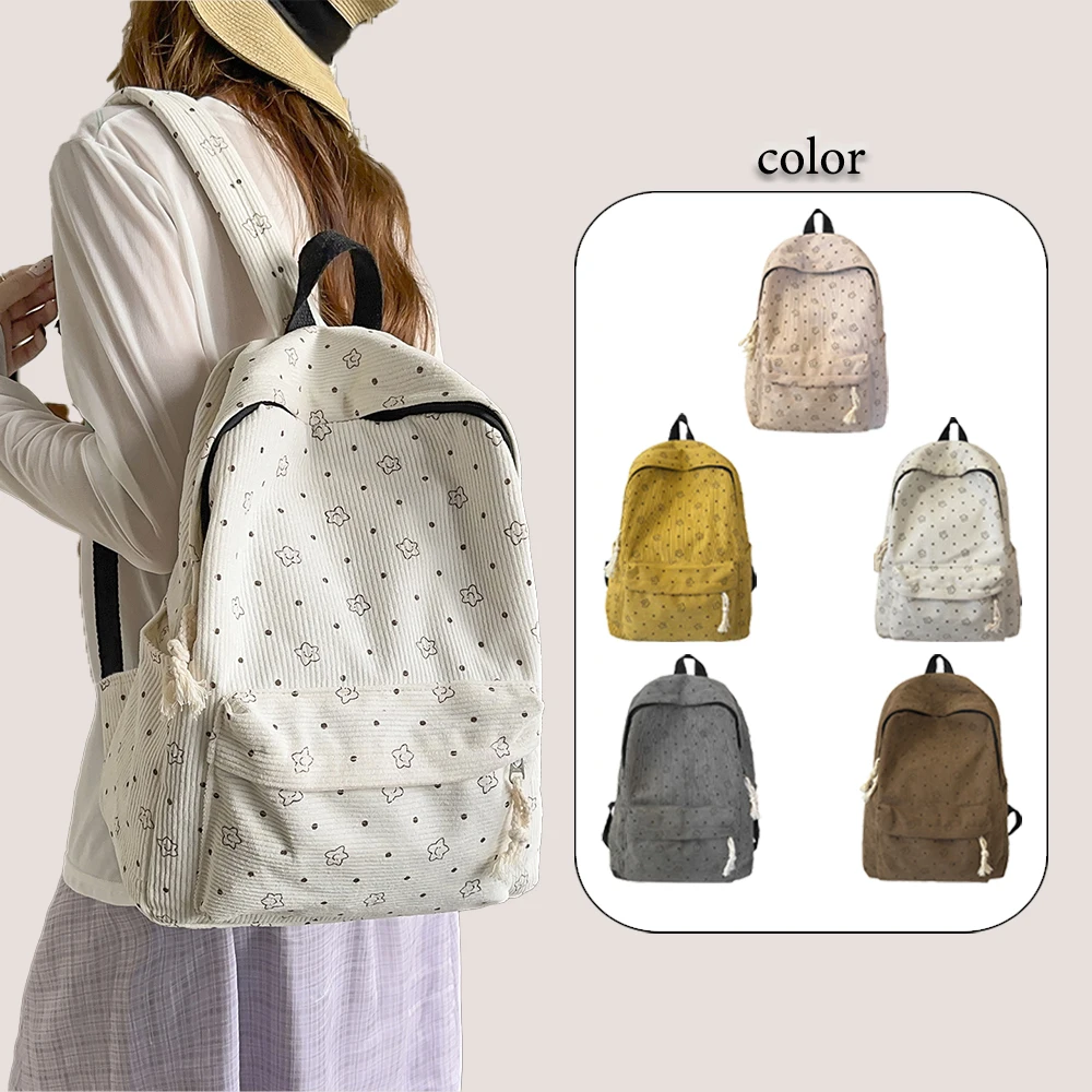 

Star Print Corduroy Backpack, Large Capacity Lightweight Casual Daypack with Tassel Detail for School, Travel & Daily Outings