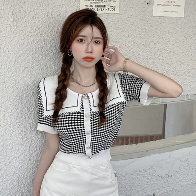 

Летний корейский клетчатый модный милый однобортный вязаный кардиган с матросским воротником, топы с короткими рукавами