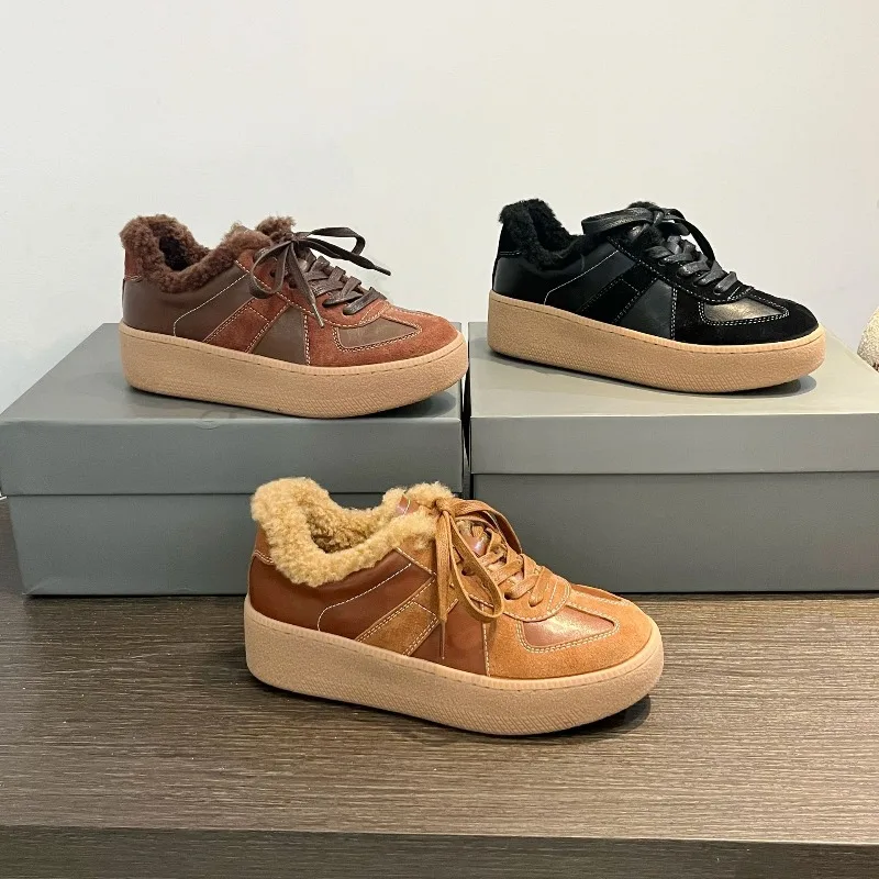 Velvet Leather German Training Shoes Women's New Cotton Winter Wool Flat-bottomed Casual Board Forrest Gump Sneakers Lace-up