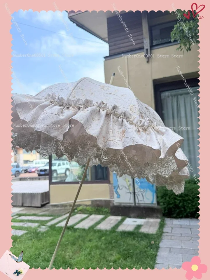 

LO Umbrella Vintage Style Parasol Handmade Satin Victorian Antique Style Lace Long Handle