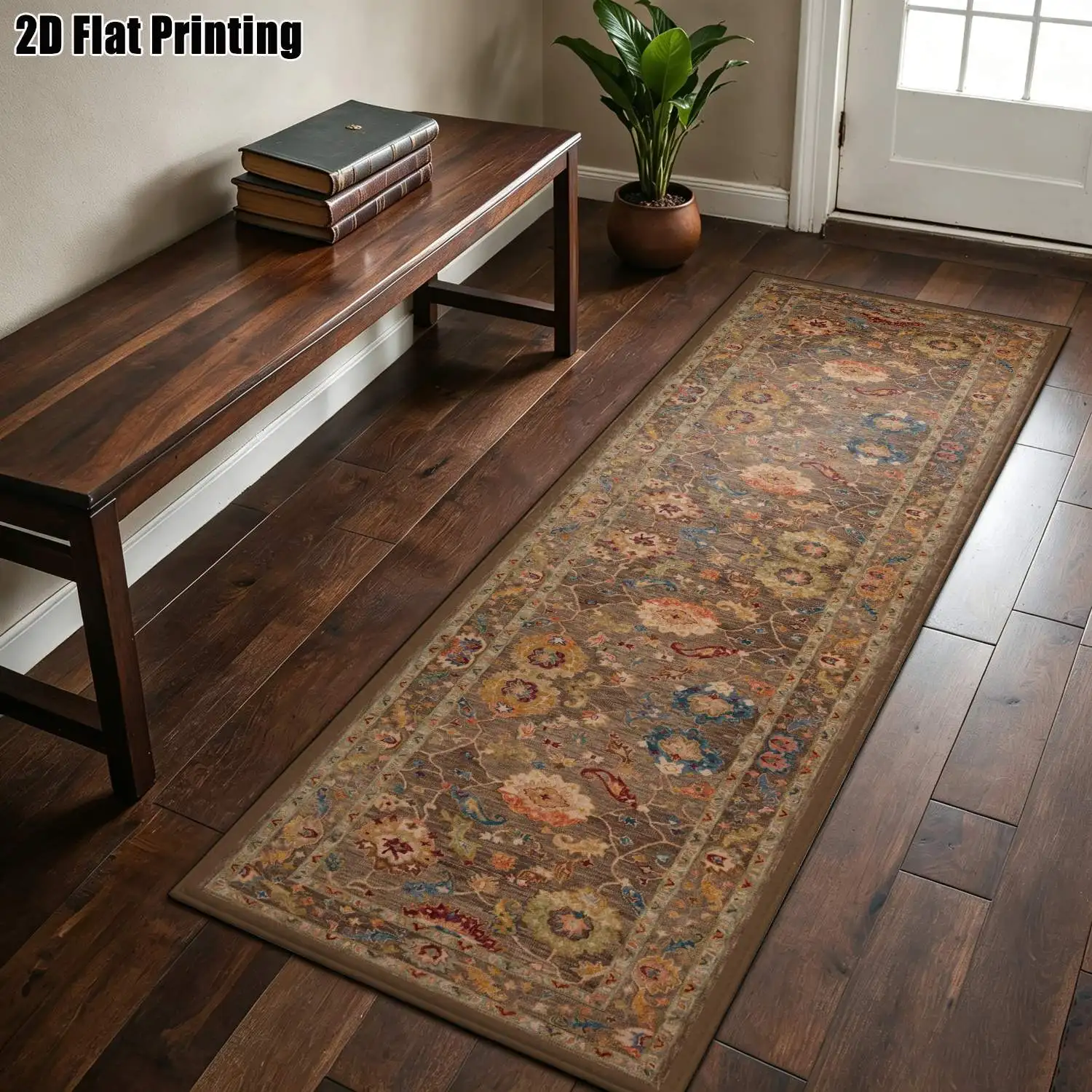 1Pc 2D Printed Long Strip Runner Carpet: Retro Brown Floral, European/Bohemian/Geometric Striped/Nordic Style, Machine Washable, Multi-Size, for Entrance, Corridor, Living Room, Bedroom Home Decor