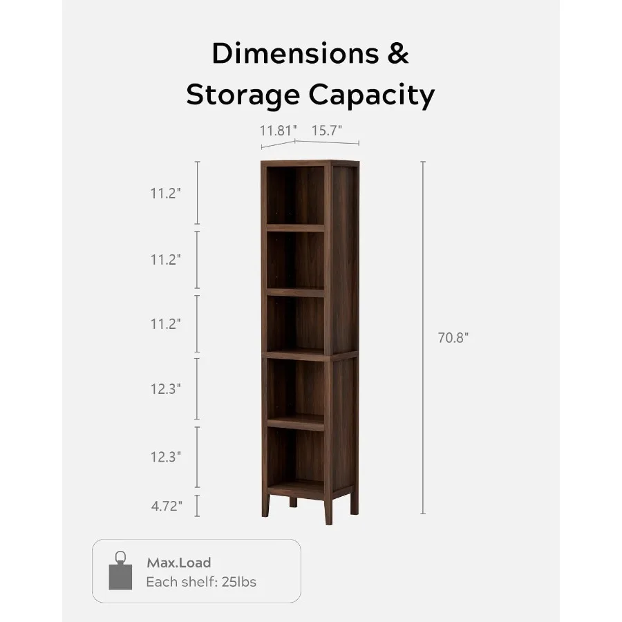 71 Tall Narrow Bookcase, 5-Tier Display Bookshelf for Living Room, Metal Frame with Wood Veneer, Black Finish, Space-Saving Des