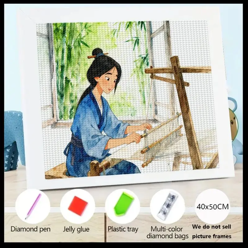 Kit de pintura de diamante 5D para adultos, mujer asiática tradicional tejida en un telar con fondo de bambú sereno, taladro completo DIY, 1 ud.
