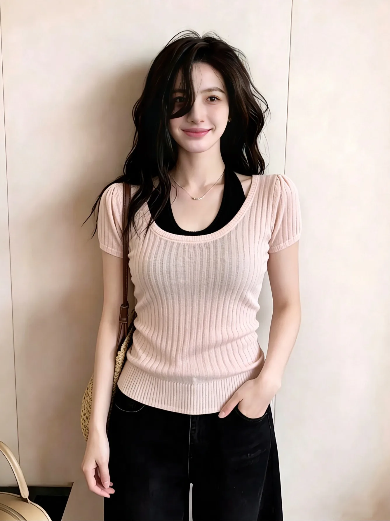 

plus Size Women's Knitted Short Sleeve Neck Hanging Top Color Block Slimming Design Summer New Style Korean Style Commute Wind