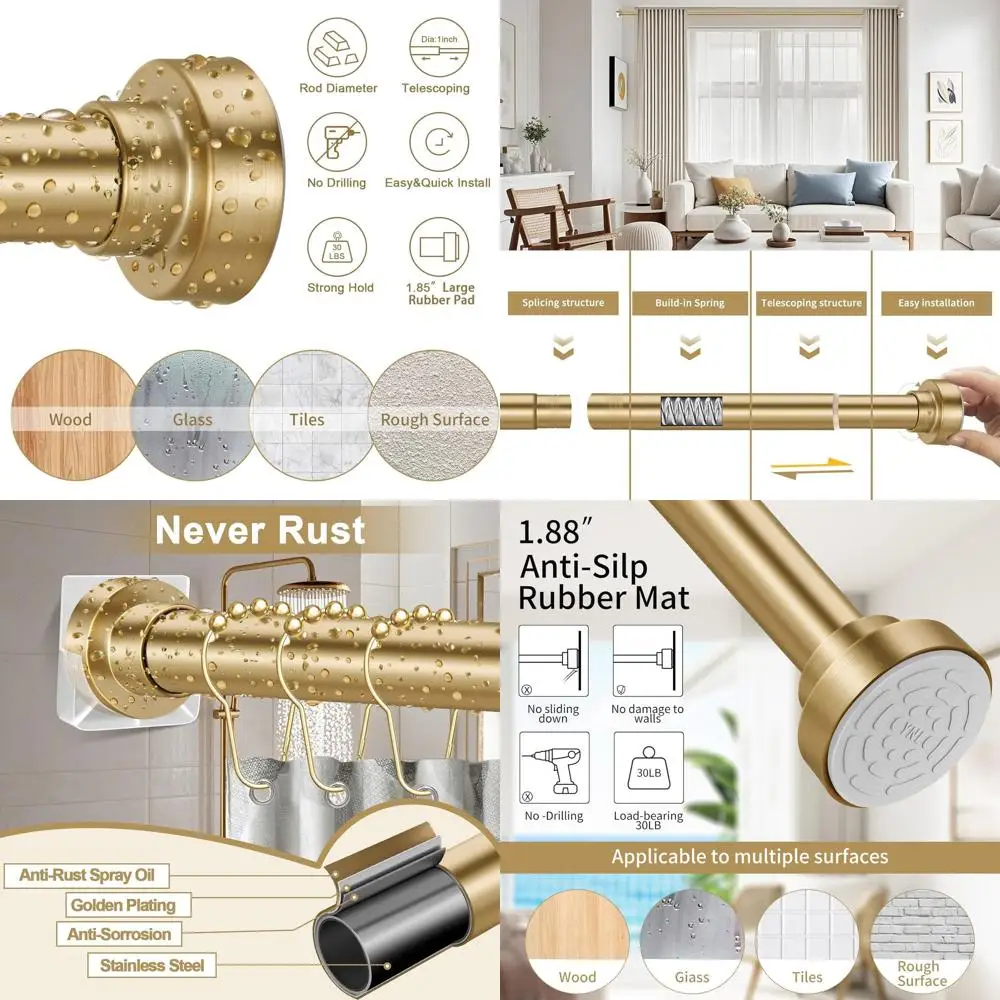

Adjustable 34-120 Inch Gold Shower Curtain Rod, No Drill, Non-Slip, Rust-Free Stainless Steel, Ideal for Bathroom and Living Roo