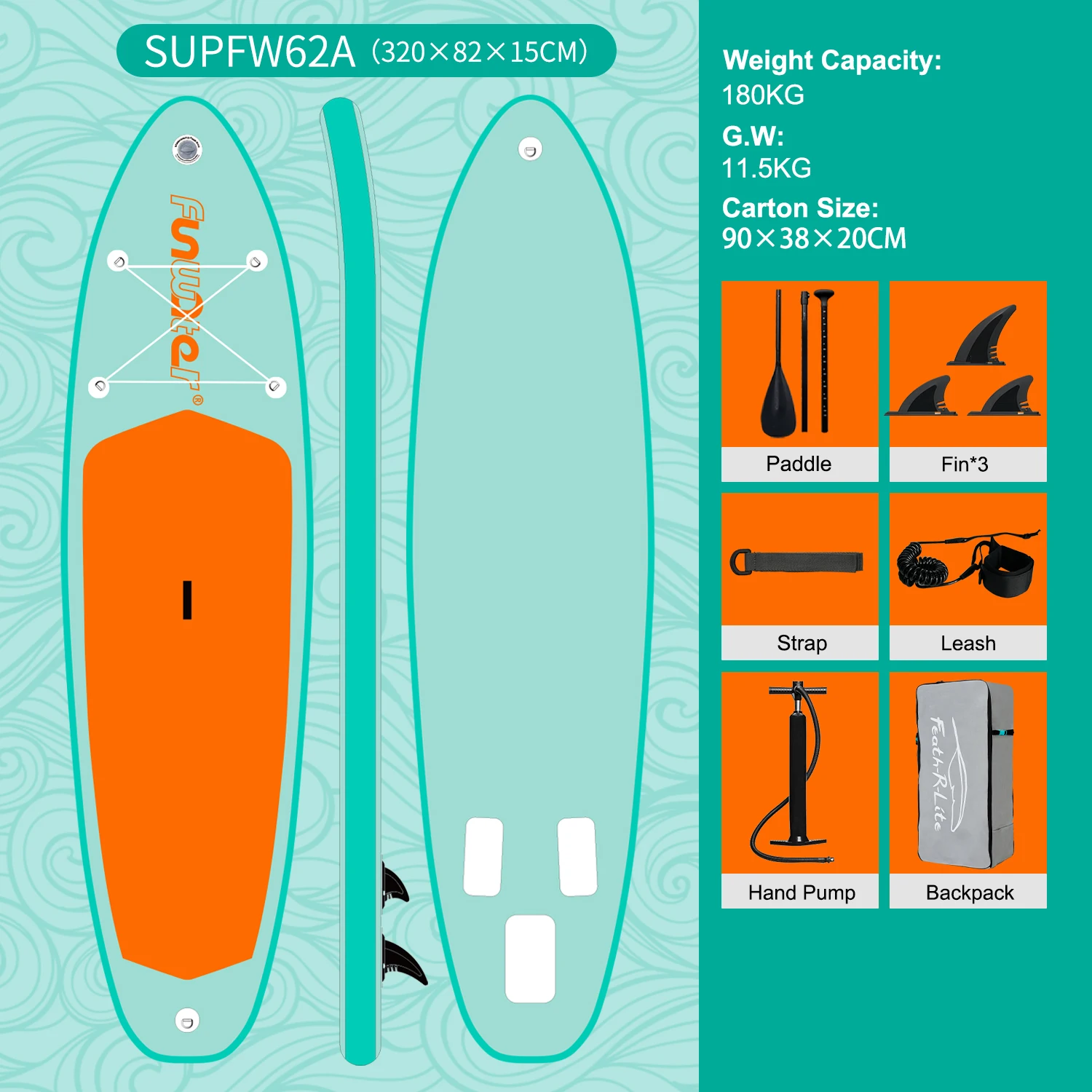 FunWater Opblaasbaar SUP Board 335×85×15CM, Groot Stand Up Paddle Board met Antislip Dek, Draagbare Surfplank voor Volwassenen, Allround Watersport