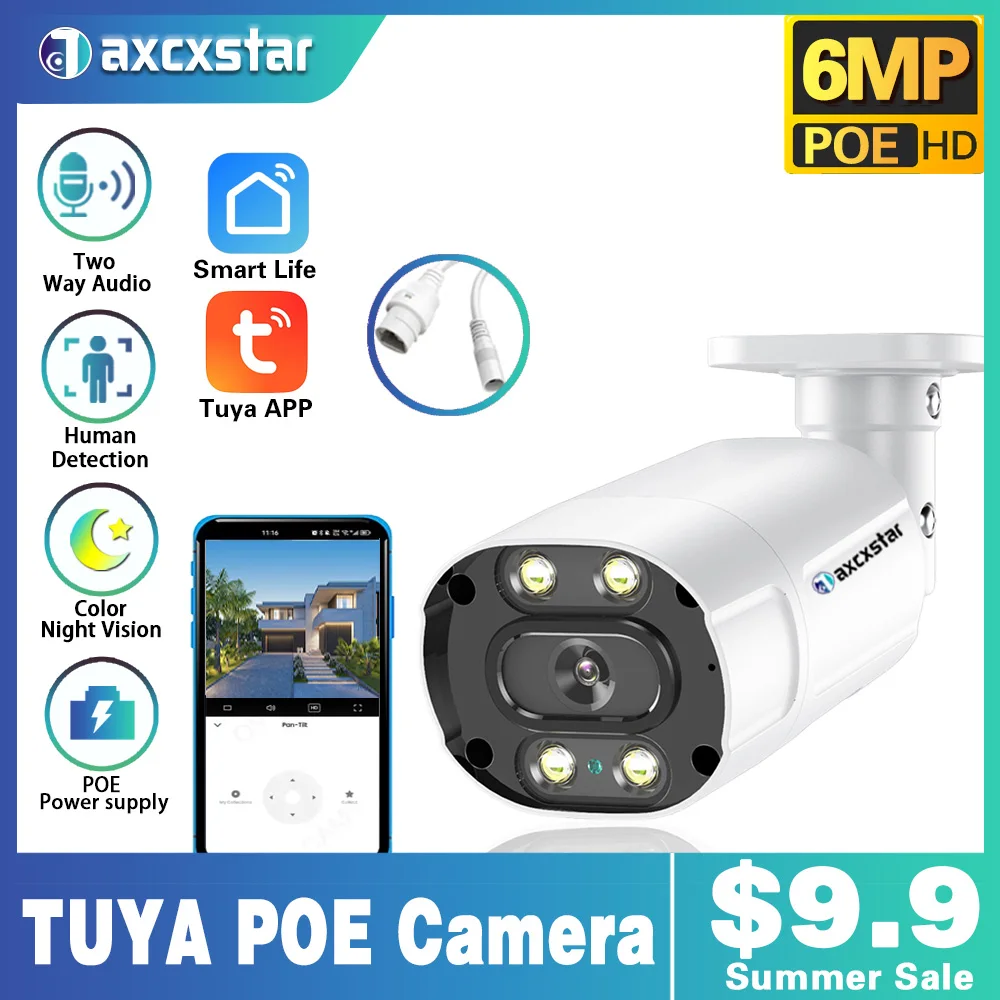 

TUYA 6MP POE Camera Video Surveillance CCTV Color Night Vision Bullet outdoor IP66 WaterProof security smart home camera for NVR