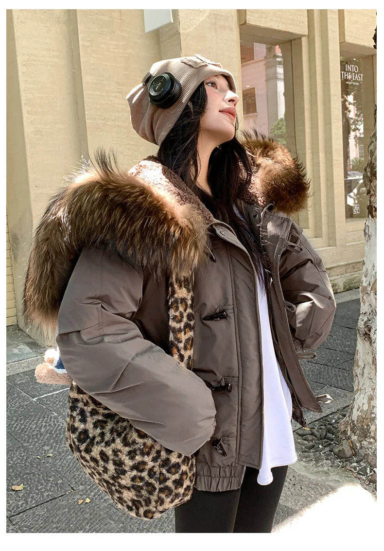 2025 Winter Fur Patchwork Hooded Women Parkas Simple Warm Vintage Embroidery Streetwear Jackets Y2k Aesthetic Loose Grunge Coats