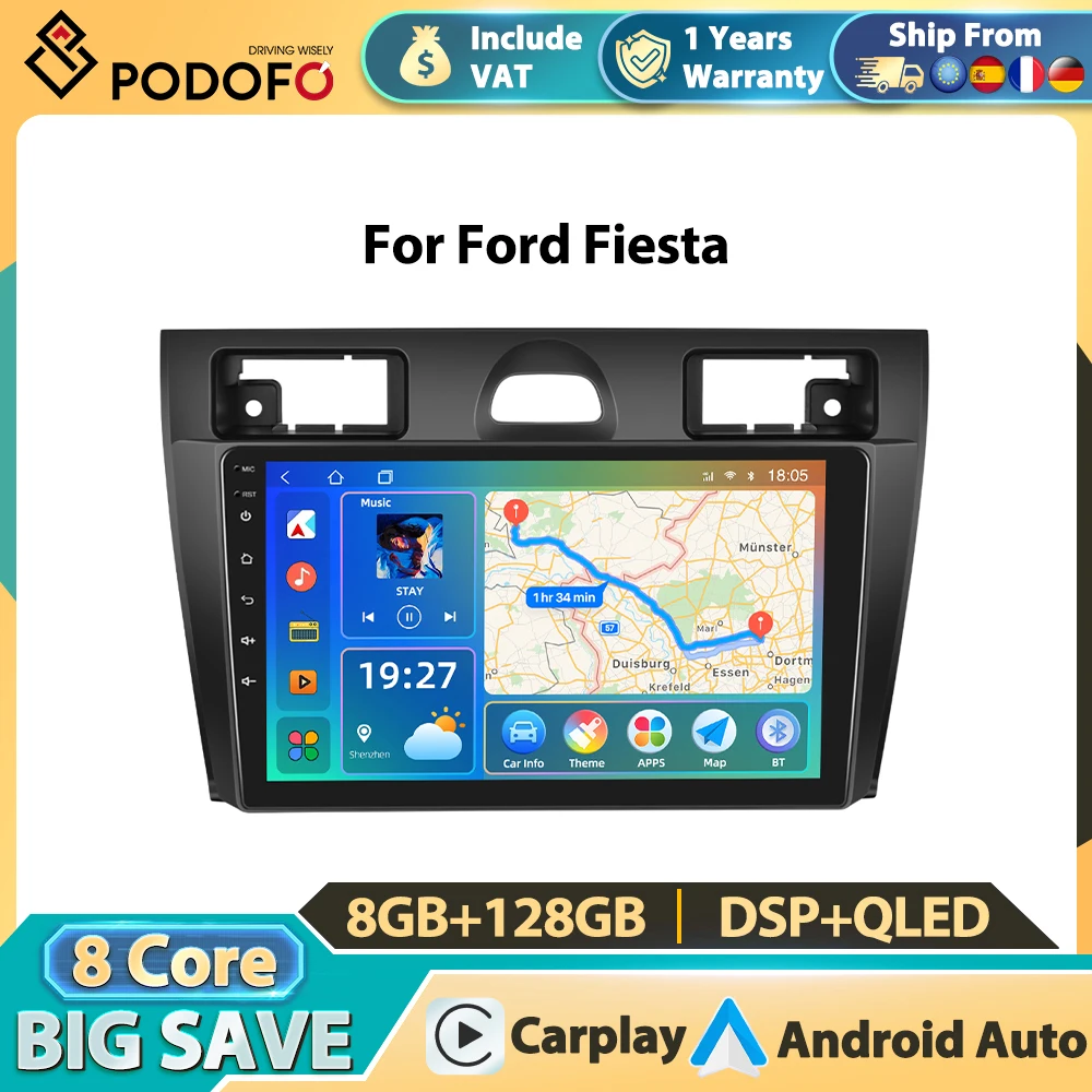 Autoradio multimediale Podofo per Ford Fiesta 2002-2008, con Carplay wireless, Android Auto, schermo touchscreen, sistema stereo per auto, radio FM/AM/RDS, navigazione GPS.