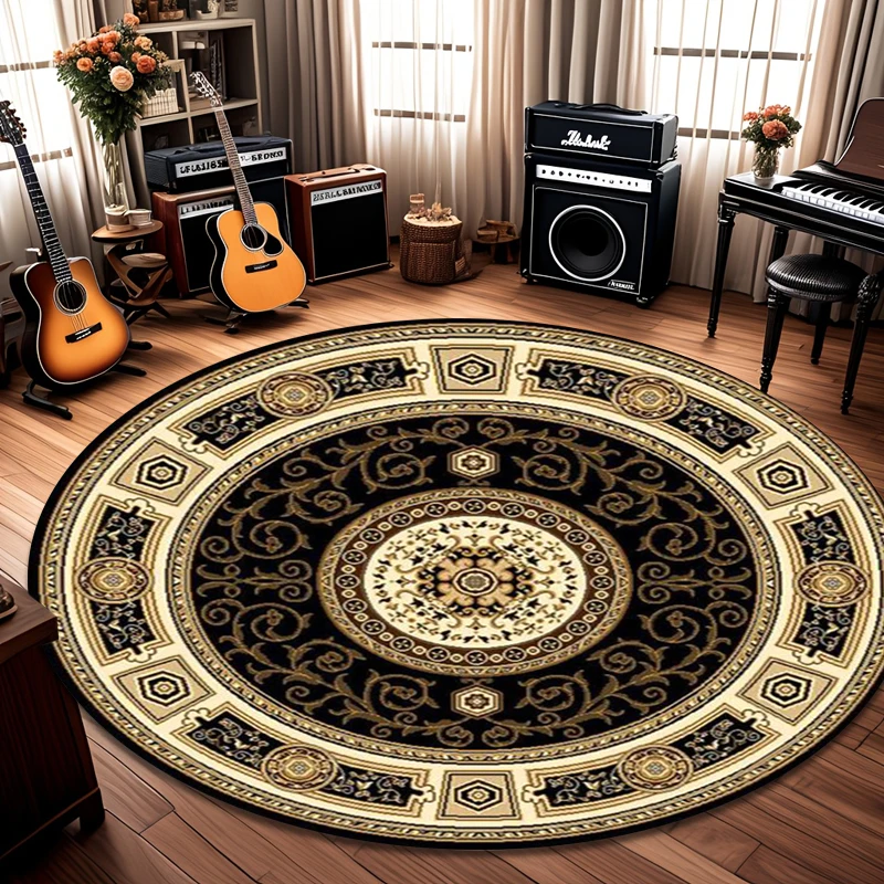 Luxury Traditional Floral Round Rug Elegant Flower Print Non-Slip Circle Rug Classic Vintage Themed Floor Mat for Living Room