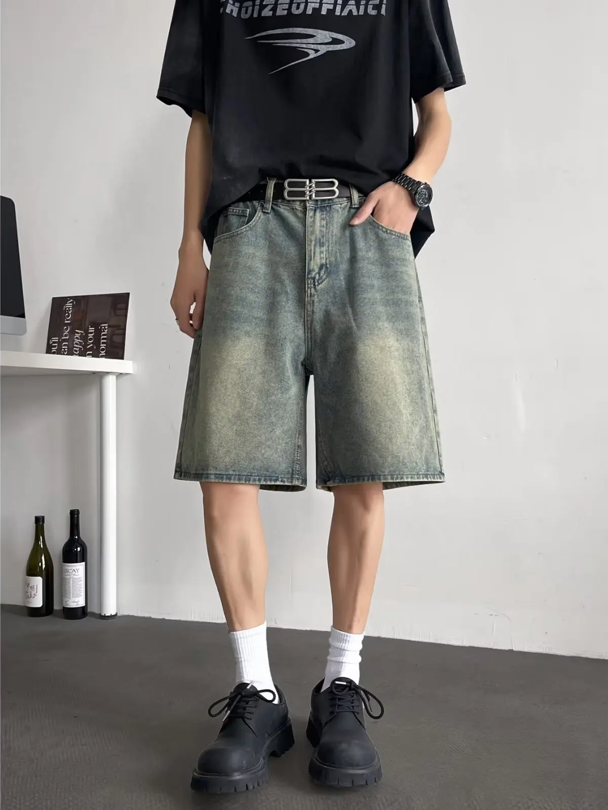 

Мужские летние винтажные повседневные свободные прямые джинсы Waed синего цвета в американском стиле длиной пять четвертей, молодежный тренд прямого кроя