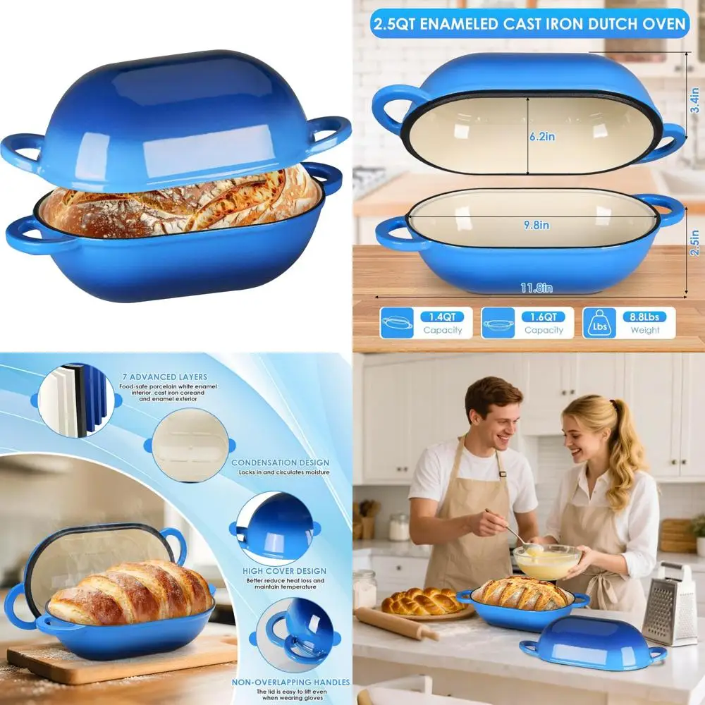 

Non-Stick 2.5qt Enamel Cast Iron Dutch Oven for Bread Baking, Oven Safe Pot with Lid, Blue, Perfect for Homemade Bread Recipes