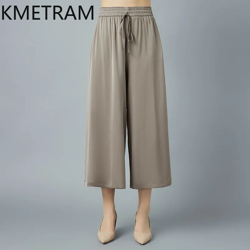 KMETRAM 91% Real Mulberry Silk Women Pants 2026 Summer Ankle-length Elastic Waist Wide-leg Pants Female Clothes Pantalones Mujer