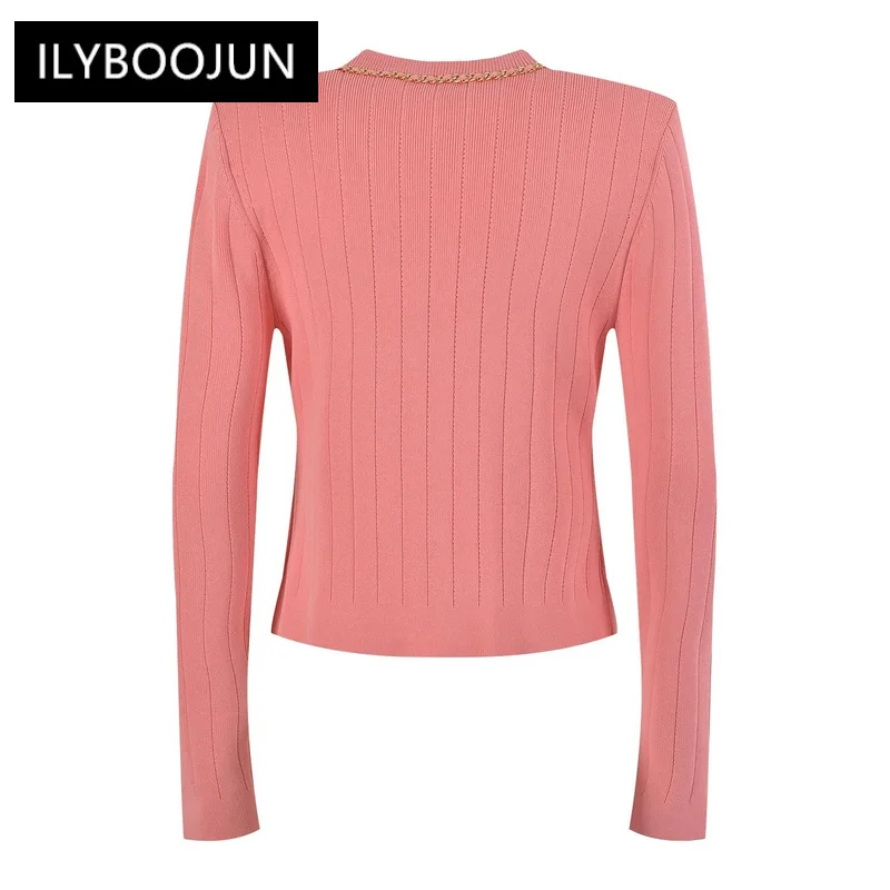 New Fall Spring O-neck Long Sleeve 3 Color Black/White/Pink Luxury Chain Patchwork Women Fashion Knitting Sweater Slim Tops