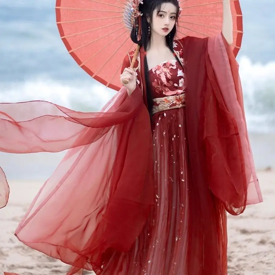 Elegant Fairy Hanfu Women Floral Embroidery Sheer Chiffon Wide Sleeve Overshirt Ancient Chinese Cosplay Long Flowy Maxi Dress view 3
