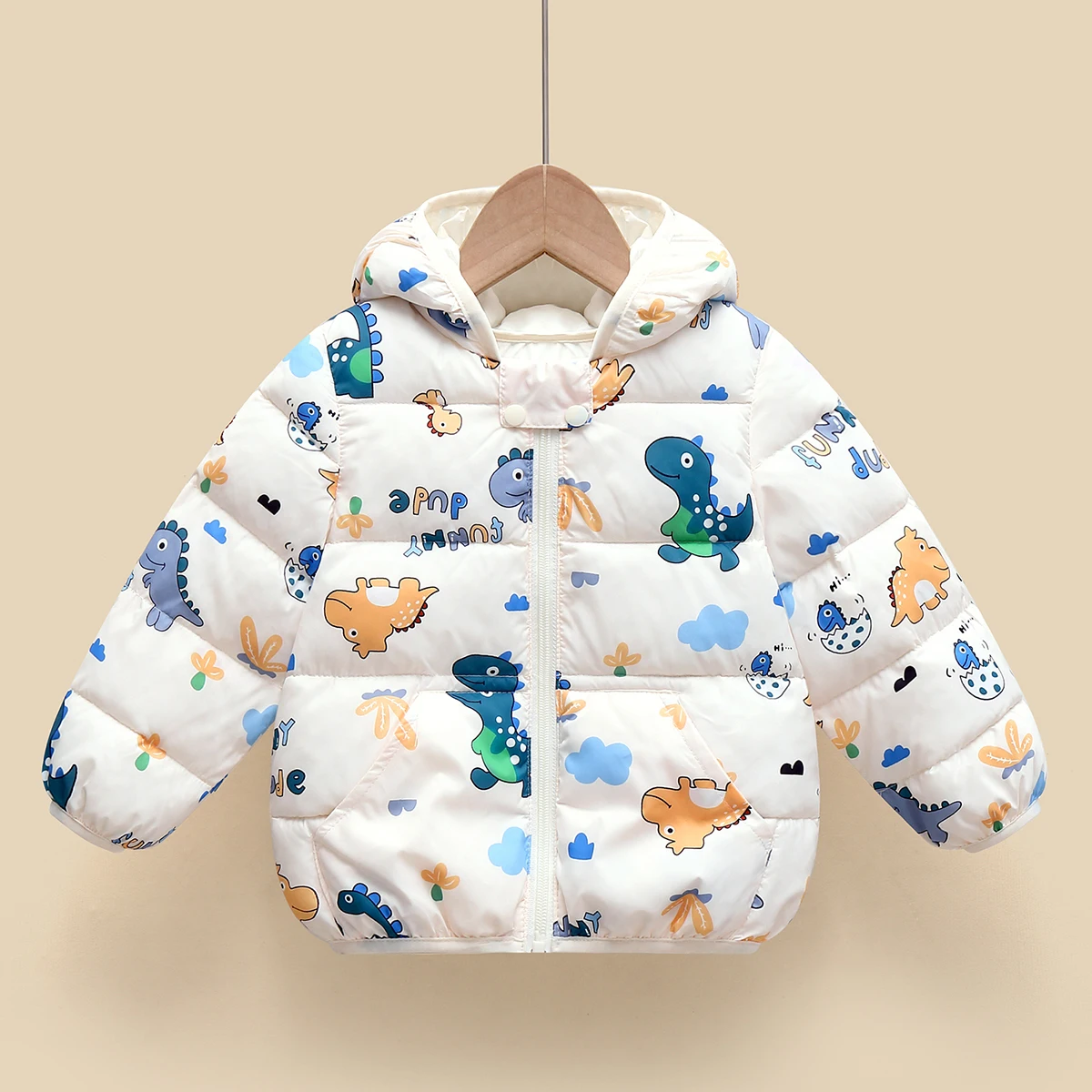 hibobi Winter Children\'s Cotton Coat Dinosaur Pattern Hooded Long-Sleeved Down Jacket Suitable For Children Under Five Years Old