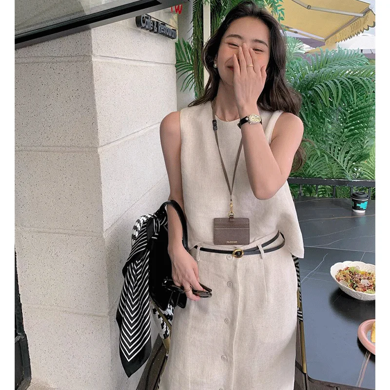 

LIYSENIOR Cotton Linen Commuter Set Vest f Skirt Women Two Piece Set Faionable Workwear Fem Summer Outfits