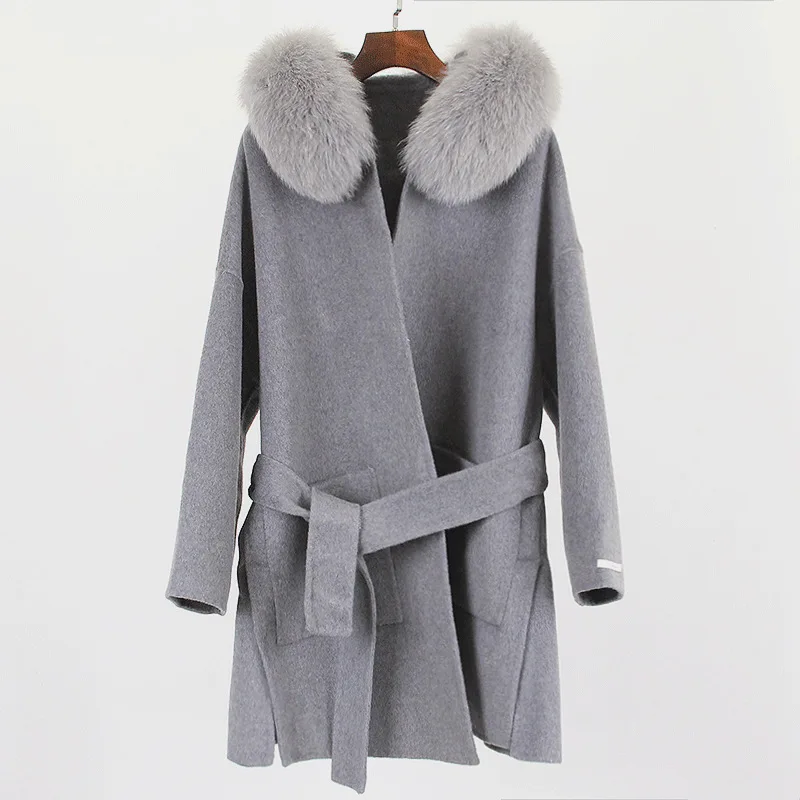 Hot Sale Autumn and winter new oversized fox fur hooded double-sided wool coat medium length fox fur collar double-sided woolen