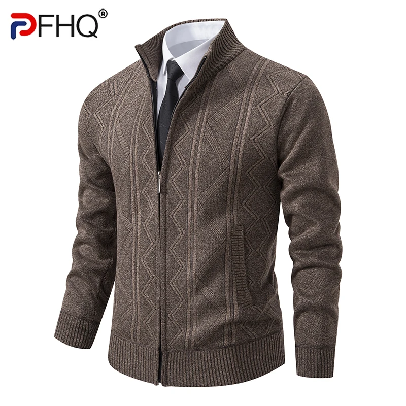 

PFHQ Knitted Sweater Spring Autumn Men's Standing Collar Thick Warm Velvet Cardigan Loose Casual Jacket 2024 Solid Color